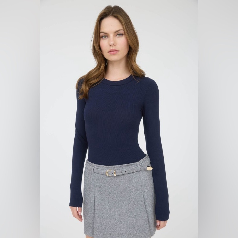 The Workshop Round Neck Long Sleeve Sweater Knit Bodysuit In Navy